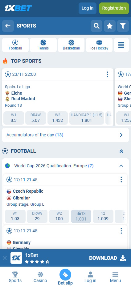 1xbet sports betting page